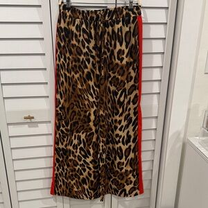 Leopard Print Wide-Leg Pants with Orange Red Stripe